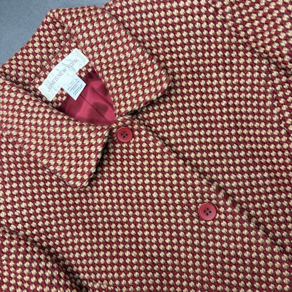 Vtg 90s Jones New York Blazer Women 10 Red Tan Wool Check Business USA Heritage